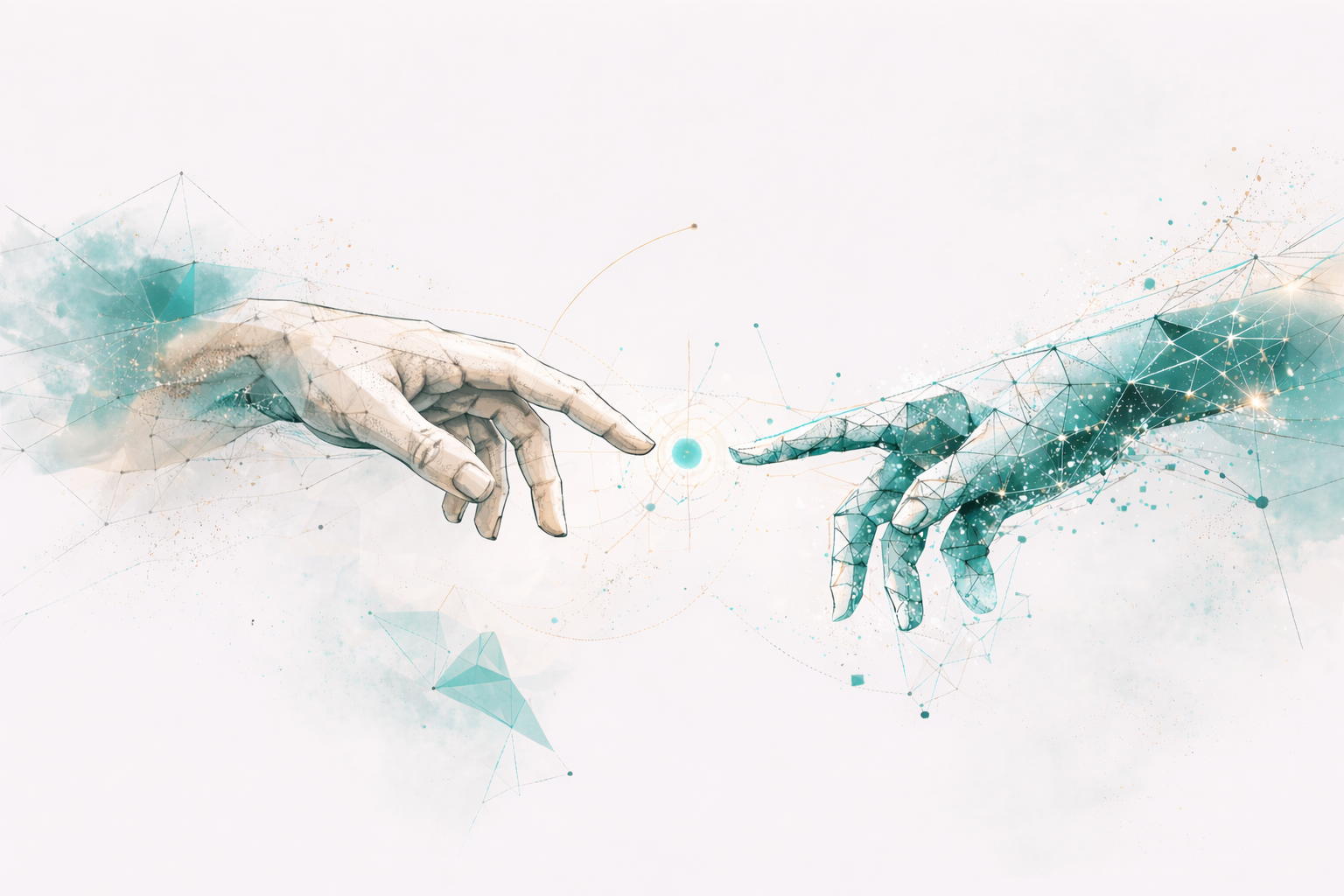 Two hands nearly touching — polygon wireframe art inspired by Michelangelo's Creation of Adam